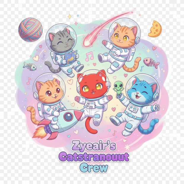 🐱 Zye’air’s Catstronaut Crew, Commander Zye'air, Zaylee's "odd-twin," leads this whimsical collection.